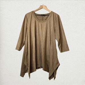 Cal Style USA XL Brown 3/4 Sleeve Laser Cut Asymmetrical Eyelet Tunic Boho Chic